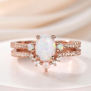 Opal Ring,White Fire Opal Engagement Ring Set,Oval Opal Bridal Set,CZ Diamond Eternity Band,Silver Opal Ring,14K Rose Gold Opal Wedding Ring