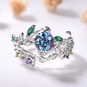 Vintage round Alexandrite Engagement Ring Set White Gold 14k cluster Alexandrite Bridal Set nature inspired Twig Leaf bridal ring for her