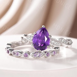 Natural Amethyst Ring, Sterling Silver Ring, Amethyst Ring Set, Stacking Ring, Eternity Band, Amethyst Jewelry, Bridal Set, Promise Ring