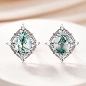 Moss Agate White Gold Earrings Pear Cut Moss Agate Studs Antique Women&#39;s Teardrop Green Agate Earrings Anniversary Birthday Gifts for Her