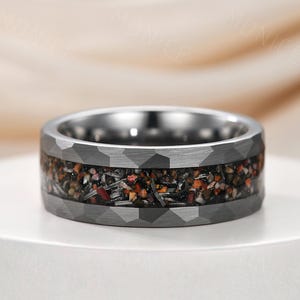 Dinosaur Bone Tungsten Ring: Black Hammered Meteorite Wedding Band
