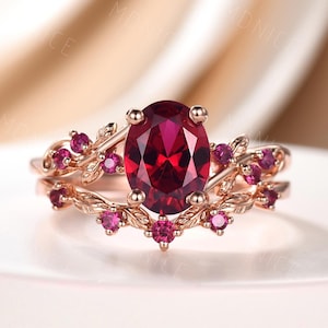 Nature Inspired Leaf ruby ring set, Gothic Oval Cut Lab Ruby Engagement Ring Set, Rose Gold Oval Shape Ruby Bridal Ring July birthstone gift