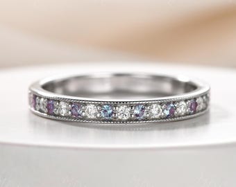 Alexandrite Moissanite Wedding Band: Silver Milgrain Half Eternity Ring