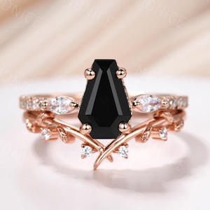 Gothic Coffin Shaped black onyx Wedding Set Marquise Cut moissanite Ring 14k Rose Gold Coffin Onyx Engagement Ring Branch Band New Year Gift