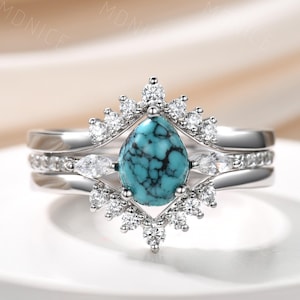 Anillo de compromiso turquesa en forma de pera, anillo de moissanita con tres piedras turquesas y marquesa, piedra de nacimiento de diciembre, conjunto de boda vintage para novia.