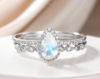 Moonstone Bridal Ring Set, Pear Moonstone Engagement Ring, Minimalist Moonstone Stacking Ring, Wedding Band, Silver Ring, Anniversary Ring