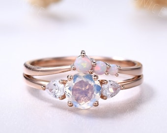 Conjunto nupcial de piedra lunar en oro rosa: anillo apilable de ópalo en plata de ley