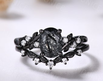 Black Wedding Ring Set, Black Gold Black Rutilated Quartz Leaf Promise Ring Set,Unique Oval Black Rutilated Quartz Ring,Twig Moissantie Band