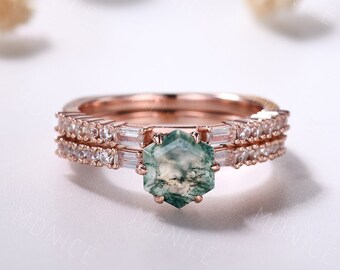 Vintage Hexagon Moss Agate Engagement Ring Set: Moissanite Wedding Band