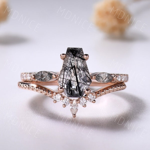 Gothic Coffin Shaped black rutilated quartz Wedding Set & Marquise Cut Black Quartz Ring 14k Rose Gold Coffin Engagement Ring, New Year Gift