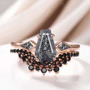 Gotische kist vliegervorm zwarte rutielkwarts verlovingsring set cluster 3 spinelband art deco kist zwarte kwarts ring statement ringen