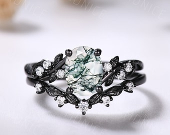 Black Gold Vintage oval moss agate engagement ring set,Unique twig leaf moissanite ring oval cut bridal ring set,Green Agate Silver Ring Set