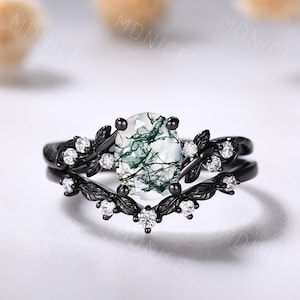 Black Gold Vintage oval moss agate engagement ring set,Unique twig leaf moissanite ring oval cut bridal ring set,Green Agate Silver Ring Set