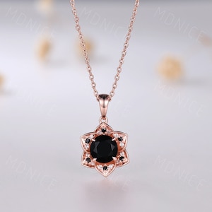 Vintage 7mm round black onyx lotus pendant rose gold, Floral Moissanite Spinel Halo Cluster Pendant, Black Gemstone Necklace, Silver Chain