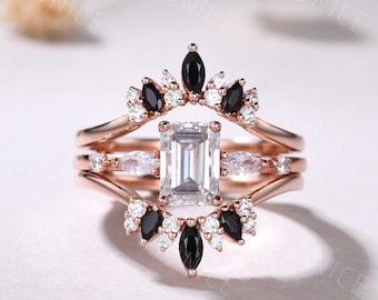 Three Stone Emerald Cut Moissanite Ring Set, Black Spinel enhancer band,2PCS Rose Gold Emerald Cut Moissanite Black Onyx Engagement Ring Set