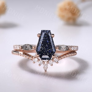 Coffin Cut Blue Sandstone Bridal Ring Set: 14k Rose Gold Gothic Engagement Ring