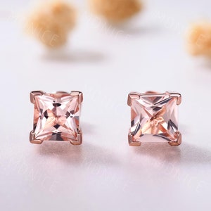 6mm princess cut Peach Morganite Stud Earrings solitaire rose gold morganite tiny stud, Men/ Women Minimalist earrings, Dainty Elegant Studs