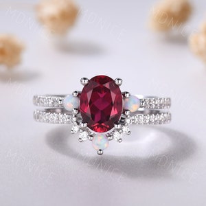 10k White Gold Ruby Opal Wedding Ring Set: July Birthstone Anniversary Ring