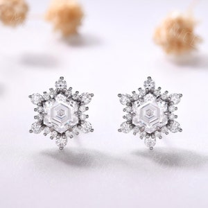 6mm Hexagon Cut Moissanite Stud Earrings, Halo Floral Moissanite Screw Back Earrings Daily Hexagon Halo Stud Earrings Christmas Winter Gift