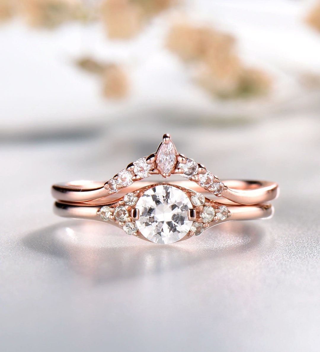 Rose Gold Bridal Set, Diamond Simulant CZ Engagement Ring, Wedding Band ...