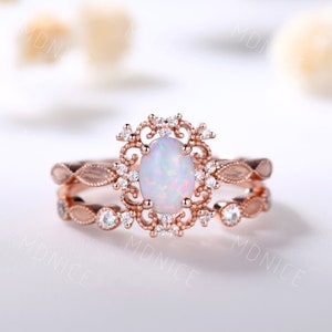 Vintage White Opal Ring, Oval Opal Engagement Ring Set, Rose Gold Opal Wedding Set, Art Deco Rings, Open Gap Stacking Band, Bridal Set