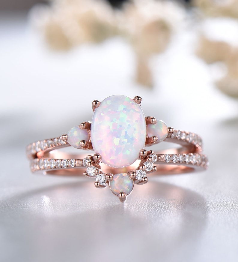 Opal Ring,White Fire Opal Engagement Ring Set,Oval Opal Bridal Set,CZ Diamond Eternity Band,Silver Opal Ring,14K Rose Gold Opal Wedding Ring image 2