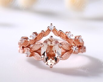 Rose Gold Morganite Engagement Ring Set Art Deco Morganite Engagement Ring Vintage Floral Wedding Rings Antique Bridal Promise Ring