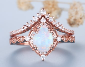 Vintage Pear Opal Engagement Ring Set: Rose Gold Curved Stacking Rings