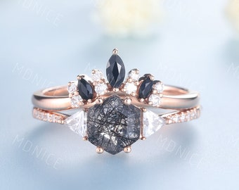 Hexagon Black Rutilated Quartz Ring Set: Sterling Silver Bridal Engagement