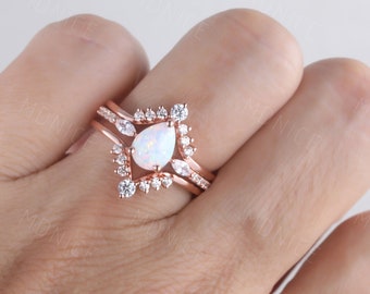 Art Deco Pear Opal Engagement Ring Set: 14K Rose Gold Bridal Rings