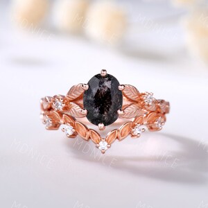 Vintage Verlobungsring Set für Frau, Schwarzer Rutilquarz Ring, Ovalschliff Roségold Braut Set, antiker Diamant Ehering, Brautset