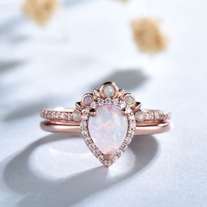 Opal Ring Set, White Fire Opal Engagement Ring, Opal Stacking Ring, Rose Gold Ring, Antique Pear cut Bridal Ring, Promise Ring, Gift for her