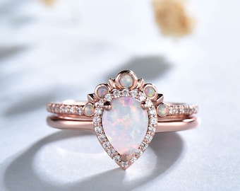 Pear Cut Opal Ring Set: Rose Gold Bridal Engagement Ring