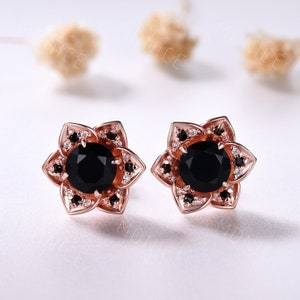 7mm Round Black Onyx Earrings Silver Rose Gold Vintage round black stone studsblack spinel halo floral earring studs Nature inspired Earring