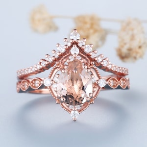 Vintage Morganite Engagement Ring Set Art Deco Morganite Engagement Ring Rose Gold Bridal Wedding Ring Bridal Set Promise Gift for Her