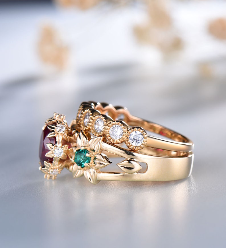 Vintage Ruby Wedding Ring Set Unique Floral Ring 14K Yellow - Etsy