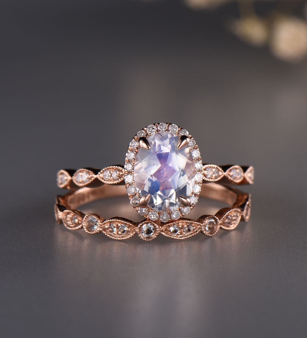 Rainbow Moonstone Bridal Ring Set: Unique Halo June Ring - Etsy