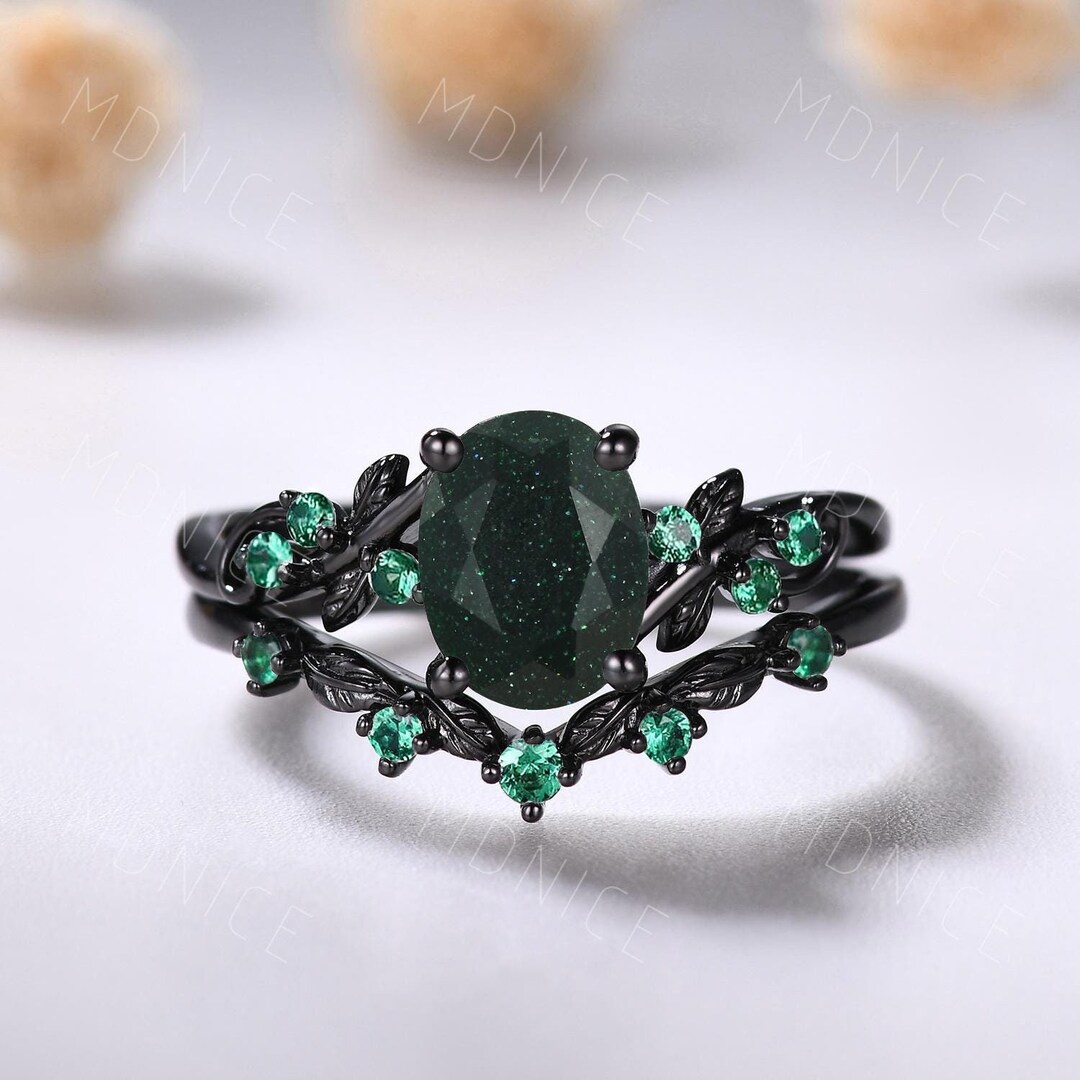 Black Gold Vintage Oval Green Sandstone Engagement Ring Set,unique Twig ...
