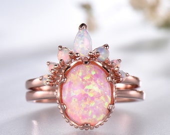 Opal Wedding Ring Set Oval Pink Fire Opal Engagement Ring Vintage Sterling Silver Ring Opal Matching Band Promise Ring Bridal Set