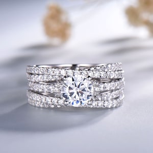 Round CZ Engagement Ring, 3PCS CZ Wedding Set, Sterling Silver Wedding Ring, Bridal Rings, Women Promise Ring, Gold Ring, Statement Ring