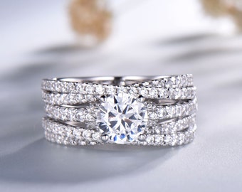 Round CZ Engagement Ring, 3PCS CZ Wedding Set, Sterling Silver Wedding Ring, Bridal Rings, Women Promise Ring, Gold Ring, Statement Ring