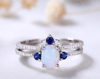 Opal Engagement Ring Set: Oval Opal, Sapphire & CZ Sterling Silver