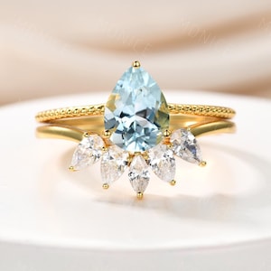 Vintage Aquamarin Hochzeit Ring Set, birnenförmiger Aquamarin Verlobungsring, Einzigartige Gruppe Wedding Band, Stacking Band, Rose Gold Ringe