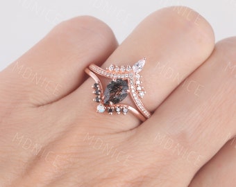 Vintage Rose Gold Black Rutilated Quartz Bridal Set: Pear Cut Art Deco Ring