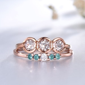 Morganite Wedding Ring Set: 14K Rose Gold, Emerald Band