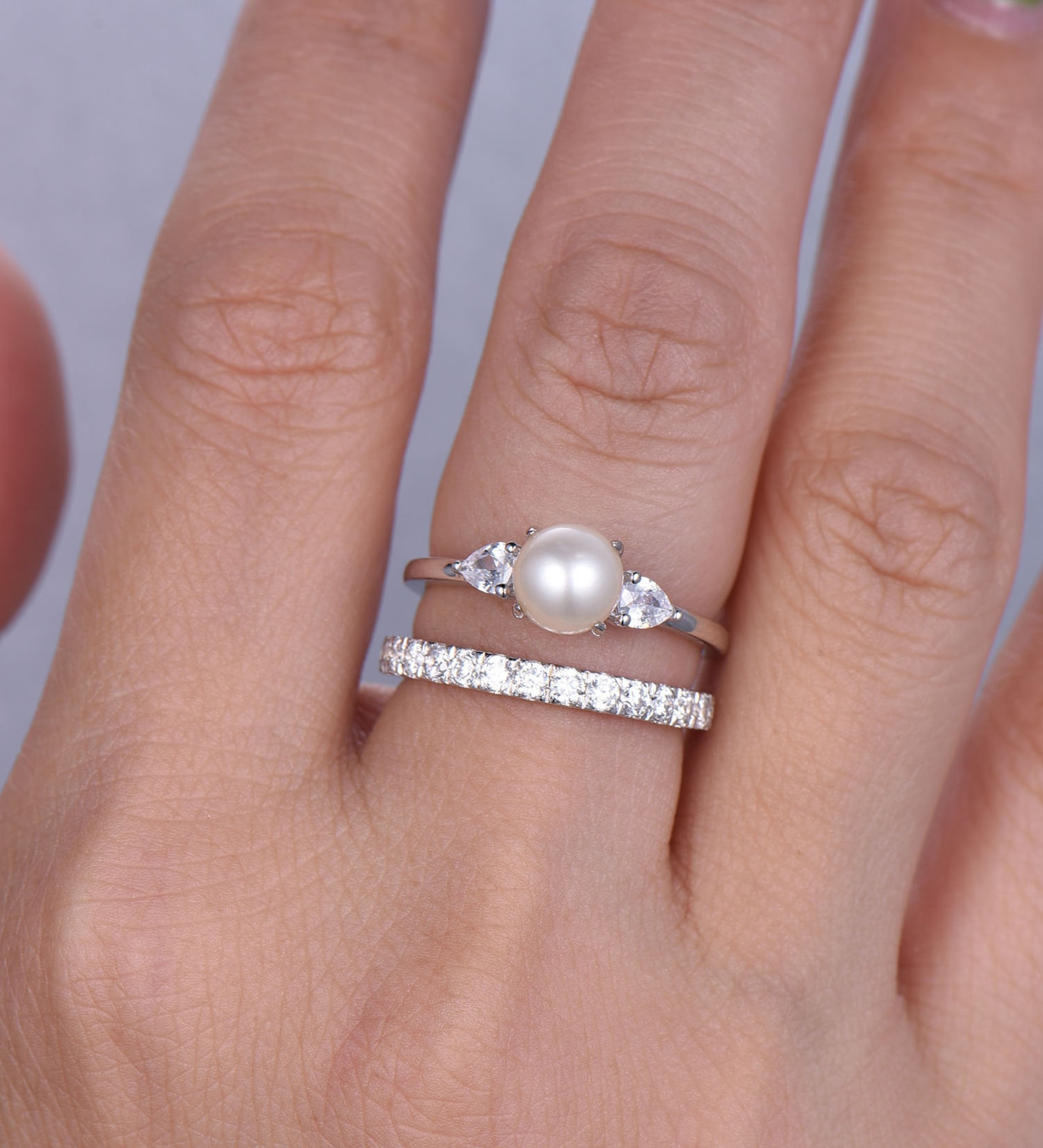 14k Gold Wedding Ring Pearl Engagement Ring CZ Diamond Etsy