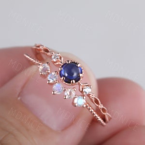 Dainty Sapphire Wedding Ring Set Unique Curved Moonstone Stacking Band Art Deco Sapphire Engagement Ring Vintage Bridal Set Rose Gold