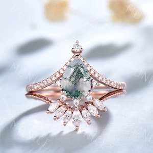 vintage Moss Agate engagement ring set Pear shaped women engagement ring Unique Marquise cut cluster ring Curved wedding band promise ring