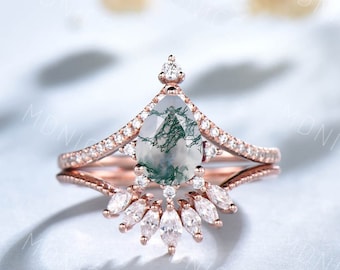 vintage Moss Agate anillo de compromiso conjunto en forma de pera mujeres anillo de compromiso Único marquise corte cluster anillo curvado banda de bodas anillo de promesa