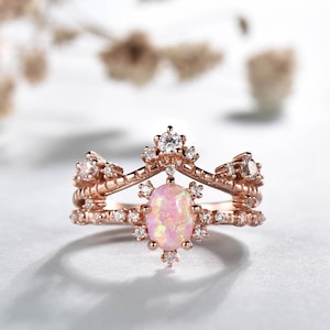 Vintage Opal Wedding Set, Pink Fire Opal Engagement Ring, Rose Gold Opal Ring, Unique Stacking Ring, Pink Gemstone Ring, Bridal Set